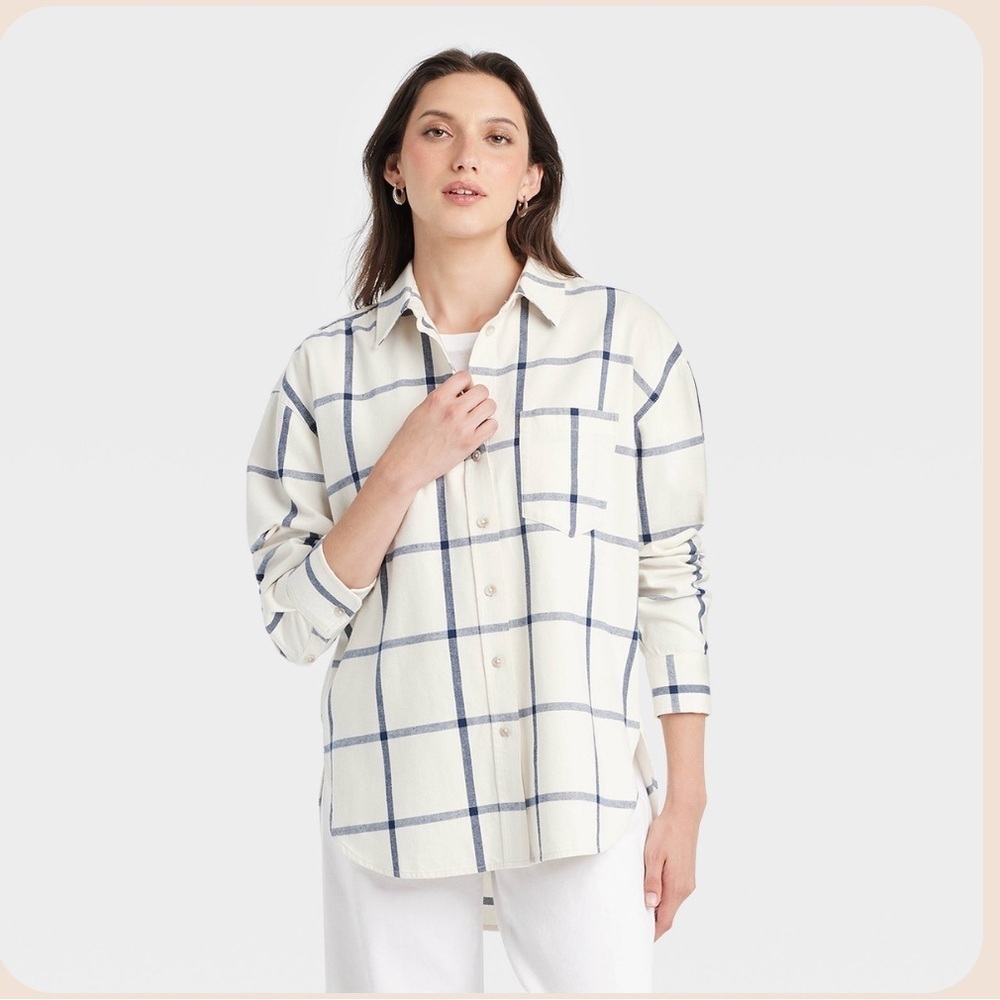 Universal Threads Button Up Plaid, White/Blue Oversized Flannel Shirt Shacket